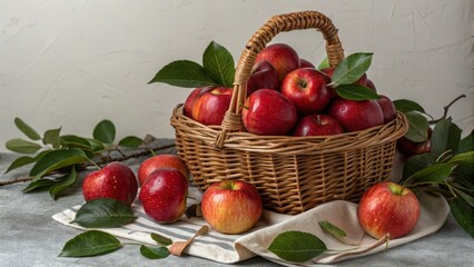 Wicker Basket of Red Apples High-Angle Composition, Rustic Still Life, Autumn Harvest, Apple Photography Apple Photography, Autumn Harvest