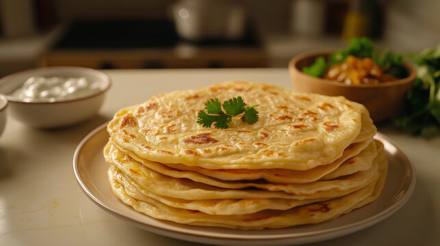 Stuffed parata stacked in a plate food photography