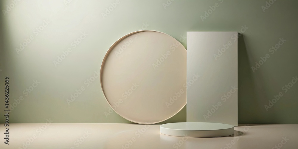 Poster Minimalist display featuring muted tones and geometric shapes an oval and a rectangle against a subtle green backdrop, with a cylindrical platform for product presentation