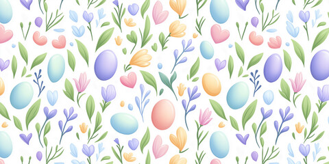 Colorful pastel Easter egg and flower seamless pattern on white background, spring holiday decorative floral design with leaves and hearts