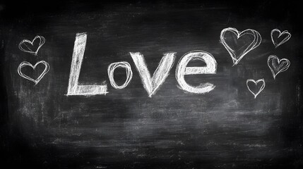 Fototapeta premium Handwritten Love on Blackboard with Chalk and Decorative Hearts
