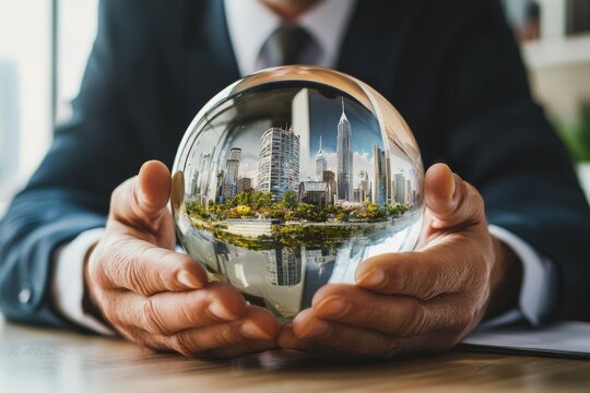 A businessman grasps a crystal orb that mirrors a cityscape, embodying the concepts of foresight and potential, and the image represents strategic thinking and visionary business leadership abilities