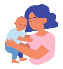 Scene of mother embraces her newborn son. Woman cuddles baby boy in blue swaddle. Parent hugs child. Loving moment of motherhood with toddler. Hand drawn cartoon characters. Flat vector illustration.