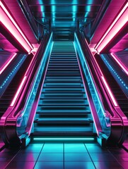 In a sci-fi setting, an escalator with a futuristic design features steps that are holographic and rails that glow