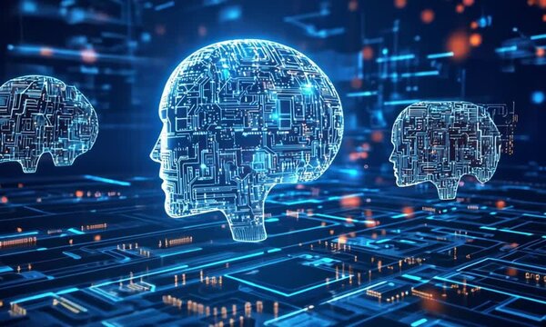 AI network, digital minds, circuit board, data flow, tech concept, website banner