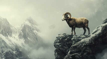 Majestic Bighorn Ram Stands Proudly on Rocky Mountain Peak, A Symbol of Strength and Wilderness Resilience.
