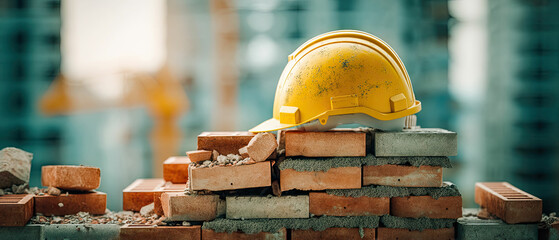 Yellow hardhat on bricks construction building safety industry work site