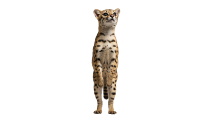 Ocelot kitten stands tall gazing upwards with wideeyed curiosity its spotted fur gleaming