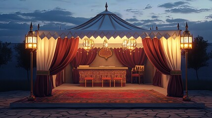 Luxurious Arabian Night Interior: Elegant Lounge with Velvet Drapes, Rich Textiles, and Warm Lighting for Entertainment and Relaxation.