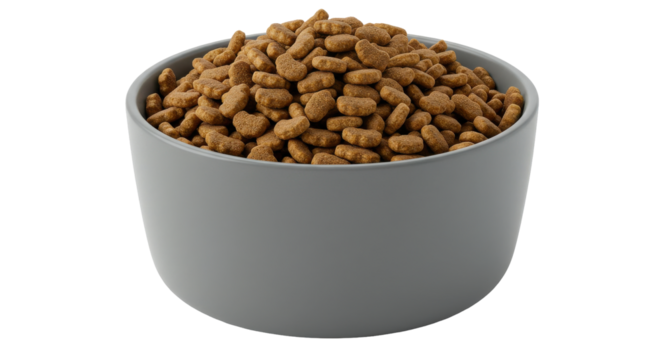 Overfilled bowl of brown kibble