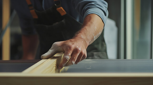 Carpenter Sanding Wood in Workshop
