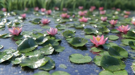 Serene Water Lilies Blooming Among Green Leaves in Calm Setting