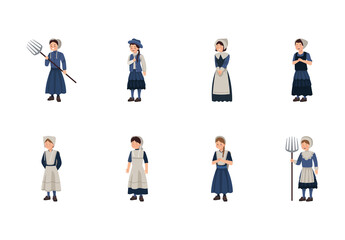 Colorful Traditional Amish Woman Character Illustration Set