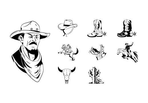 Black Retro Cowboy Hand Draw Element Set