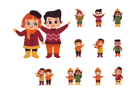 Colorful Autumn Season Kids Clothing Illustration Set