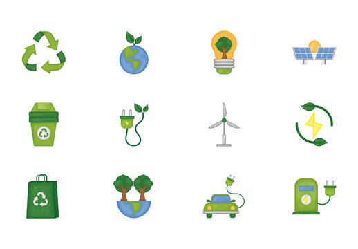 Colorful Green Eco Sustainability Energy Concept Icons Set