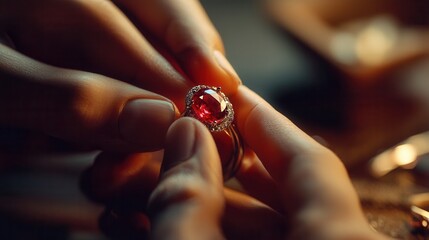 jeweler crafting ruby ring, precision tools, gemstone close-up, artisan hands 