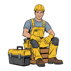 Construction Worker Sitting with Toolbox Vector