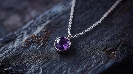 minimalist necklace with single amethyst pendant, thin chain, soft lighting, modern elegance 