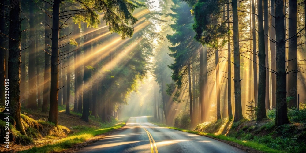 Poster Sunbeams illuminate a winding road through a misty forest, creating an ethereal and tranquil atmosphere