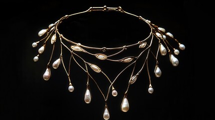 necklace with fine metal lines and pearl droplets, fusion of biomorphic elegance and deco symmetry 