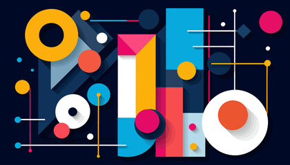 Obraz premium Abstract_Geometric_Shapes_Modern_Art_Composition_Colorful_Circles_Squares_and_Triangles_on_Dark_Blue_Background_Stylish_Design_for_Wallpapers_and_Prints