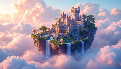 Floating Dreamscape: An enchanting fantasy landscape unfolds with a majestic castle perched atop a floating island, surrounded by a sea of fluffy clouds and bathed in the ethereal glow of a sunrise.