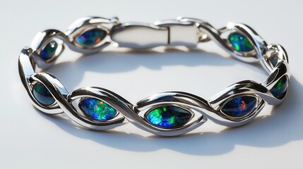 white gold bracelet with black opals, shimmering reflections, luxury design 