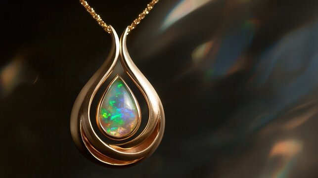 waterdrop-shaped pendant with opal center, smooth biomorphic design, modern organic jewelry 