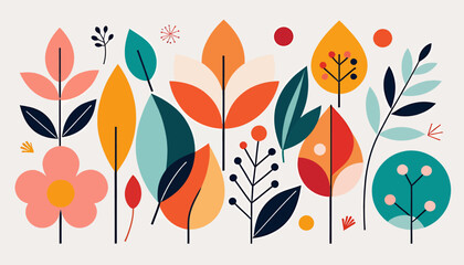Mid Century Modern Floral Illustration_Abstract Botanical Art Print_Colorful Geometric Flower and Leaf Design_Nature Inspired Wall Decor