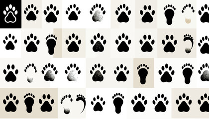 Fototapeta premium Paw Print Variety_Unique Animal Footprints_Pet Paw Illustrations_Vector Paw Designs_Creative Paw Art_Animal Track Graphics_Dog and Cat Paw Collection