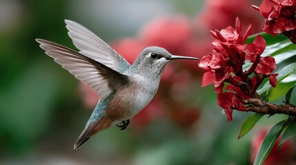 Naklejka premium Hummingbird in Flight, Feeding on Red Flowers A Stunning Nature Photograph