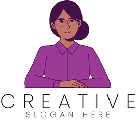 Professional Woman Creative Logo Design Purple Shirt Glasses flat icon work style image vector      