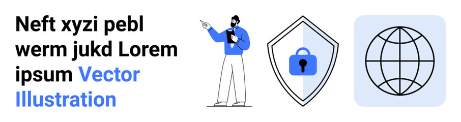 Professional pointing at lock shield symbolizing cybersecurity and shield guarding global network security. Ideal for technology, digital safety, IT services, data protection, business, education