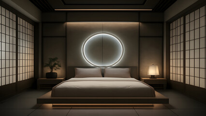 Modern bedroom with minimalist design, soft lighting, and glowing circular wall light creating calm and cozy atmosphere