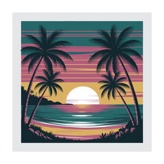 Vector Illustration of a Beautiful Beach Sunset with Calm Waves
