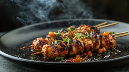 Grilled Chicken Skewers with Herbs and Spices on a Plate, Close-up Food Photography for Culinary Stock.