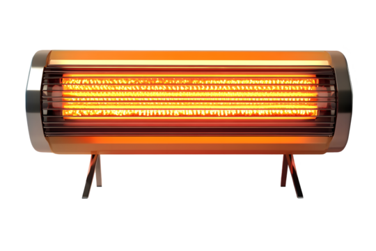 Illuminated, cylindrical heating element with chrome finish sitting on support legs