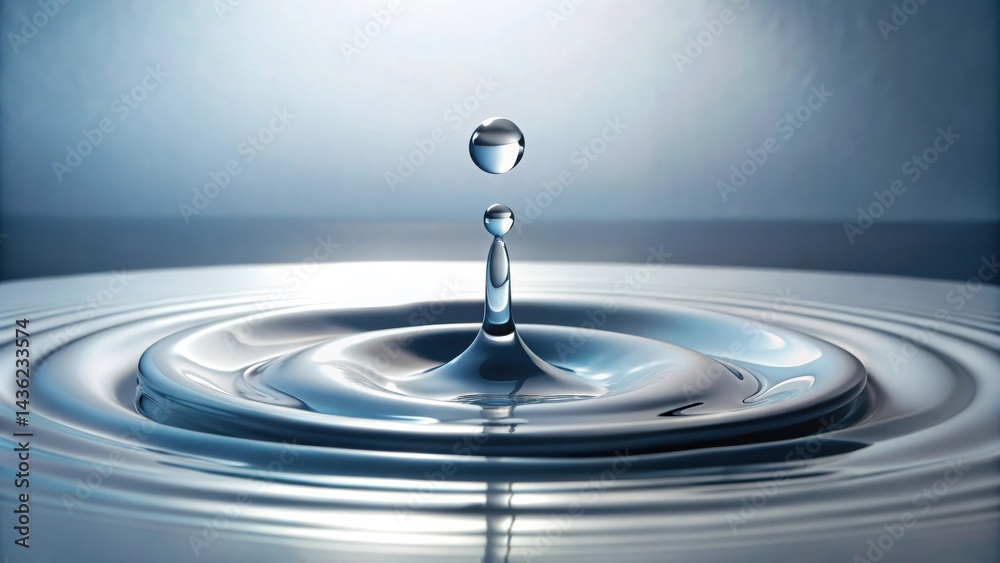 Poster a single droplet of liquid impacting a still surface, creating concentric ripples