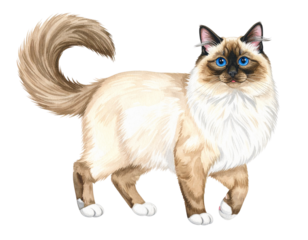 A fluffy blue-eyed cat with a cream coat, dark face, ears, paws, and tail, and white feet, standing and looking forward.