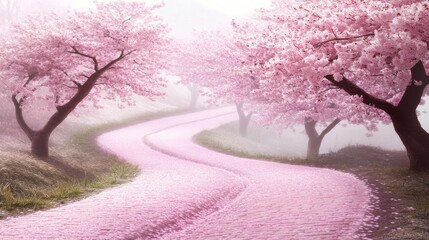 Obraz premium A winding path covered in pink cherry blossoms.
