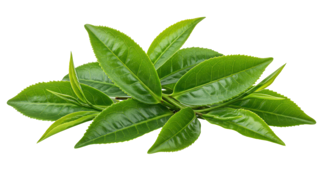 Verdant tea leaves unfurl against the inky expanse glistening with vitality