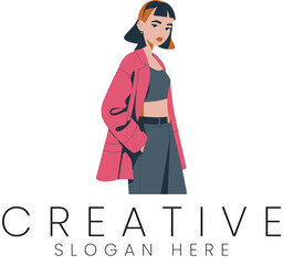 Stylish Woman Pink Coat Fashion Design Minimalist Modern Vector Illustration art girl pose icon logo