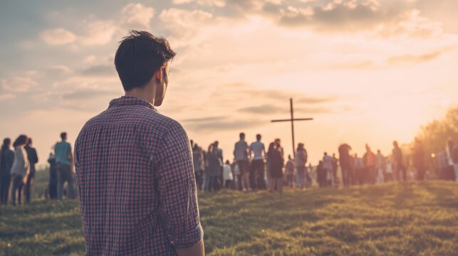 Young man looking at a crowd of people praying in front of a cross on a meadow with sunset light