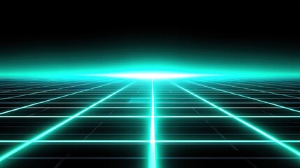 Futuristic glowing grid pattern with a neon horizon, resembling a digital or virtual landscape in a cyber environment.