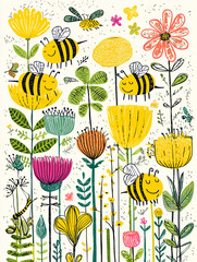 Colorful bees buzzing among cheerful flowers in a whimsical garden full of life and vibrant nature