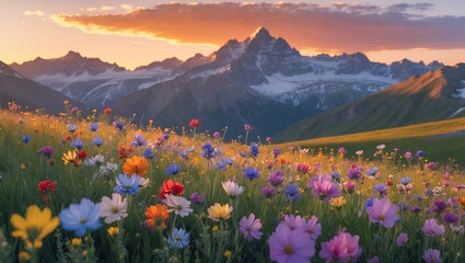 Mountain Range with Meadow of Wildflowers in Golden Light