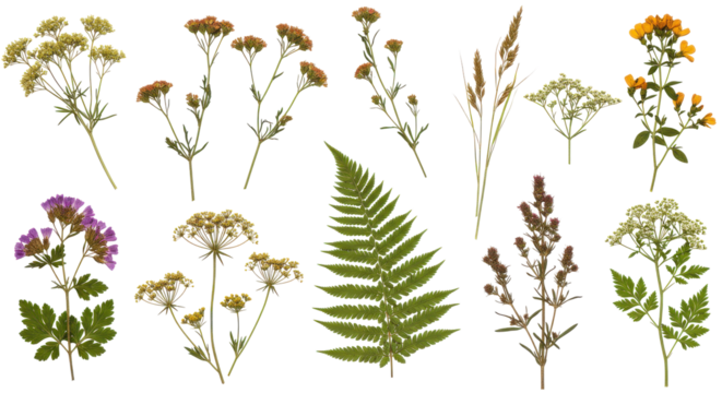 Pressed floras array A fern dried grasses  clusters of faded blooms against pure black