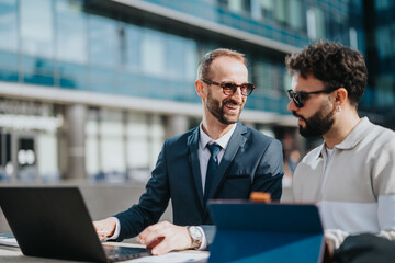 Two business people collaborate in an outdoor urban environment, showcasing teamwork and modern technology.