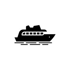 Sleek Black Ferry Boat Icon with Water Movement and Boat Silhouette